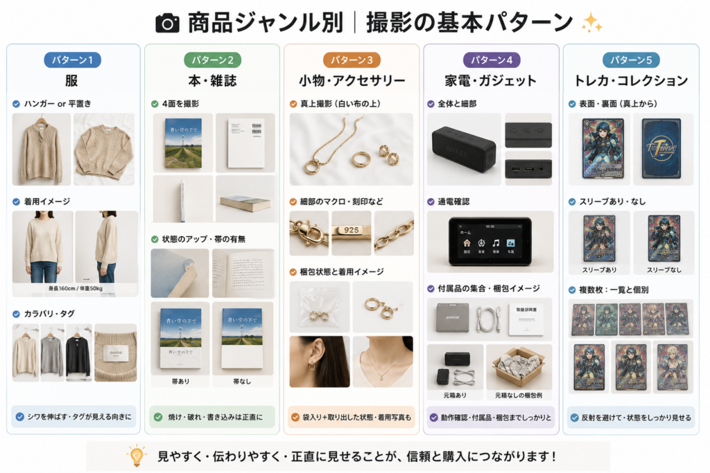メルカリの商品ジャンル別におすすめの撮影パターンをまとめたイラスト。服・本・アクセサリー・家電・トレカそれぞれについて、見やすく信頼されやすい撮影例を比較しながら紹介している。