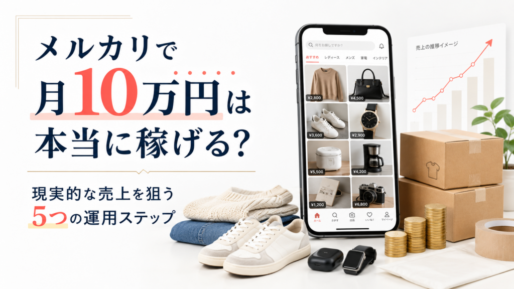 メルカリで月10万円を目指すための運用ステップを表したアイキャッチ画像