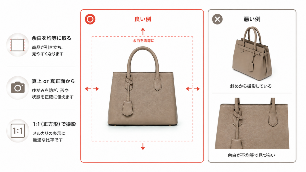 メルカリの商品画像撮影における構図のコツを解説したイラスト。余白を均等に取った正しい構図と、斜め撮影や余白不足の悪い例を比較している。