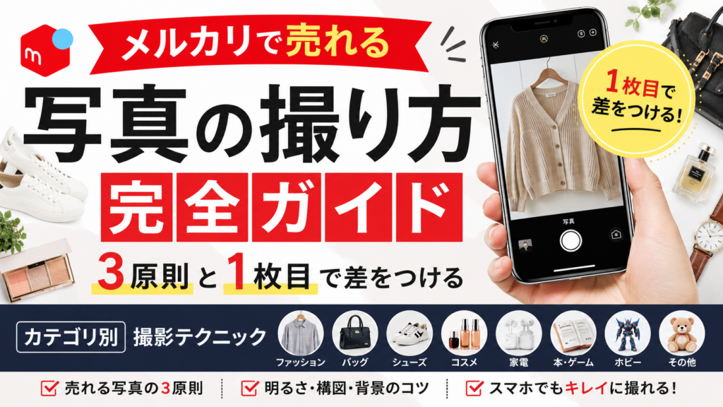 メルカリで売れる写真の撮り方を解説する完全ガイドのアイキャッチ。スマホで洋服を撮影している様子とカテゴリ別撮影テクニックを表現したデザイン。