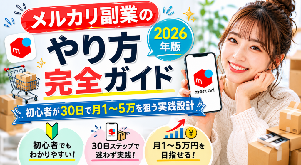 2026年版メルカリ副業ガイドのアイキャッチ画像。初心者向けに30日で月1〜5万円を目指す方法を紹介するスマホと出品イメージ。