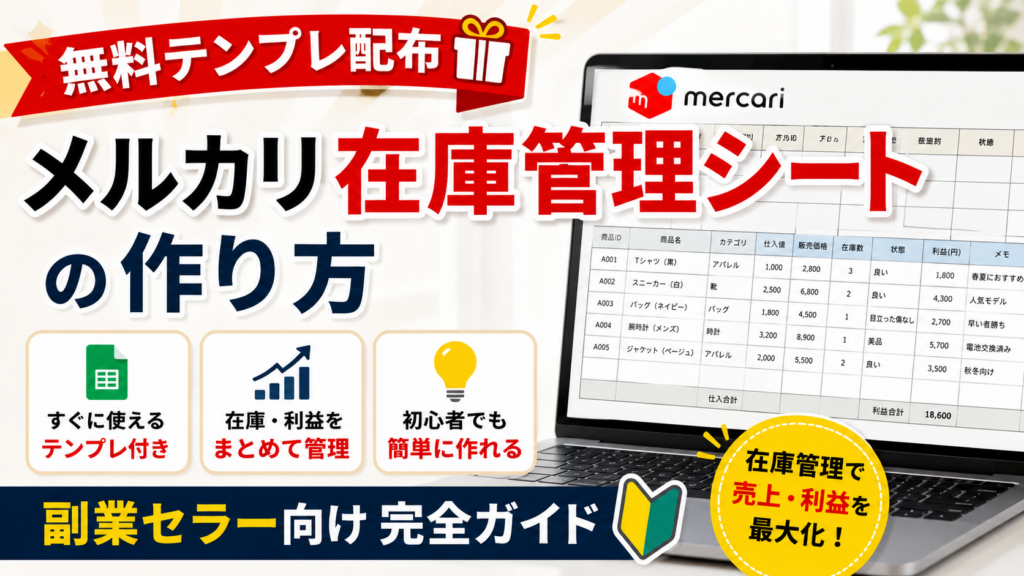 無料テンプレート付きのメルカリ在庫管理シート作成ガイド。副業セラー向けに在庫数・売上・利益を管理する方法を解説。