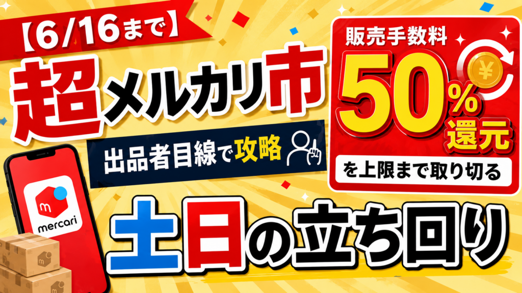 超メルカリ市の販売手数料50％還元キャンペーンを出品者目線で攻略する土日の立ち回りを解説するアイキャッチ画像